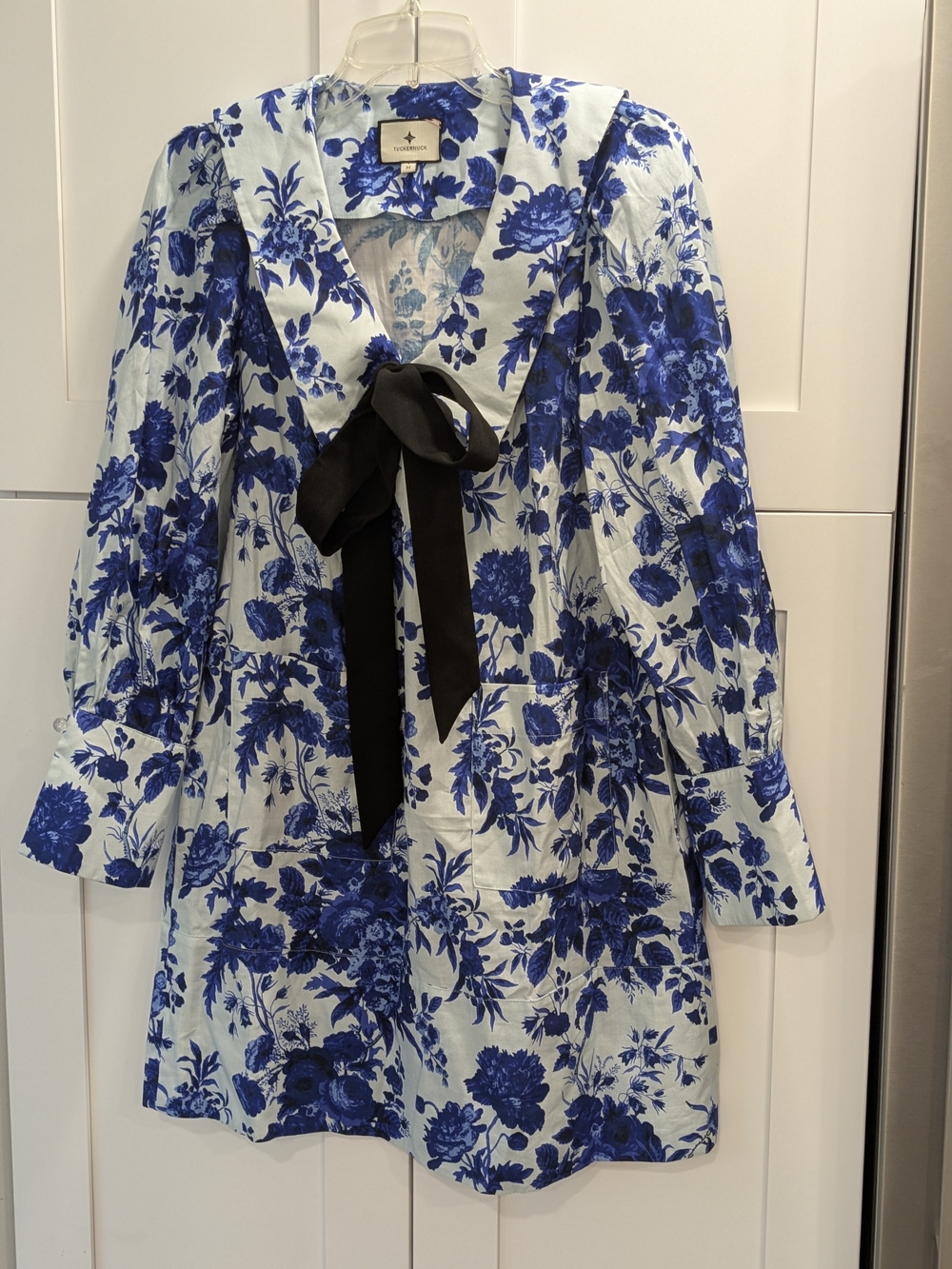 Tuckernuck Blue and White Floral Tie-Neck Blazer with Black Bow